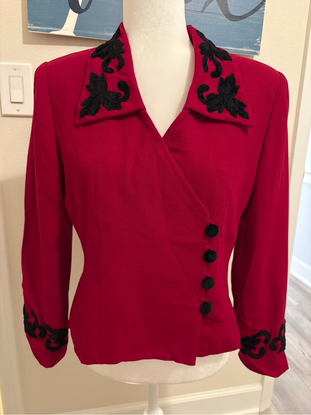 1980’s Kasper Red Blazer Jacket with Black Embroidered Appliqué